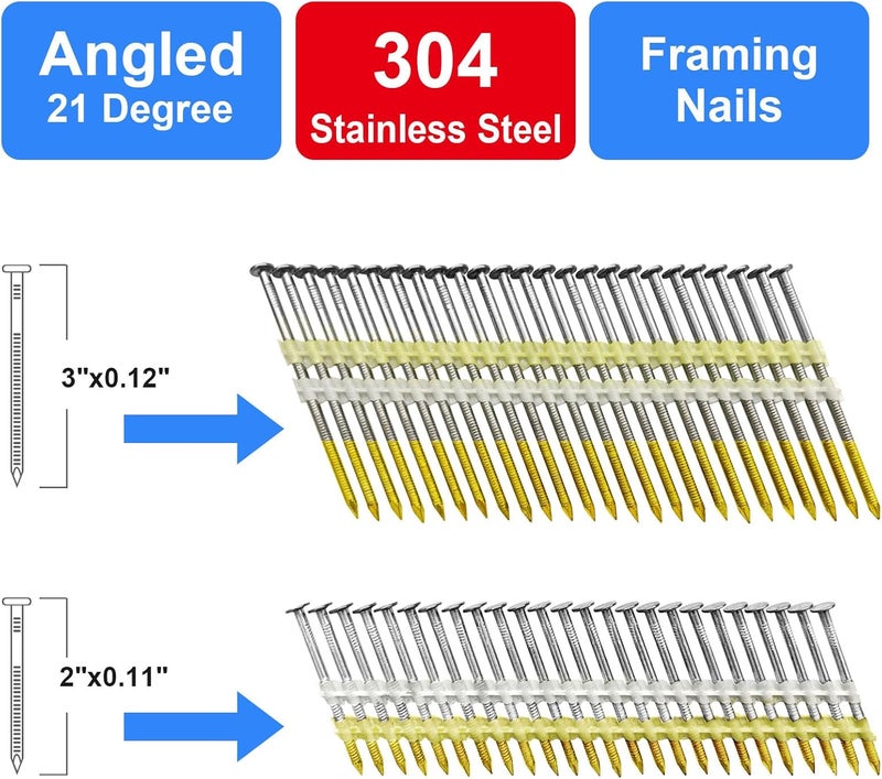 SimCos Framing Nails 304 Stainless Steel 21° Full Round Head Nail 21 Degree Ring Shank Nail for Pneumatic, Electric 21 degree Framing Nailer (2"+3 "-400 pcs) - Image 3